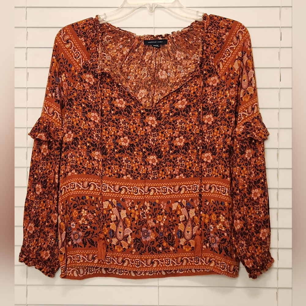 American Eagle Boho Floral & Paisley Peasant Top Size Small